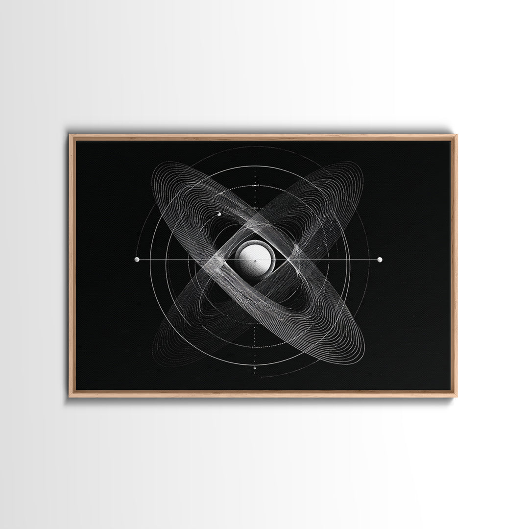 Atomic Sphere Orbit Canvas Print, Black And White Space Art, Geometric Wall Art, Modern Abstract Poster, Science Office Decor