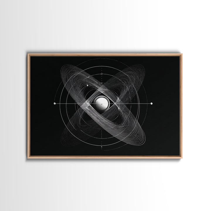 Atomic Sphere Orbit Canvas Print, Black And White Space Art, Geometric Wall Art, Modern Abstract Poster, Science Office Decor