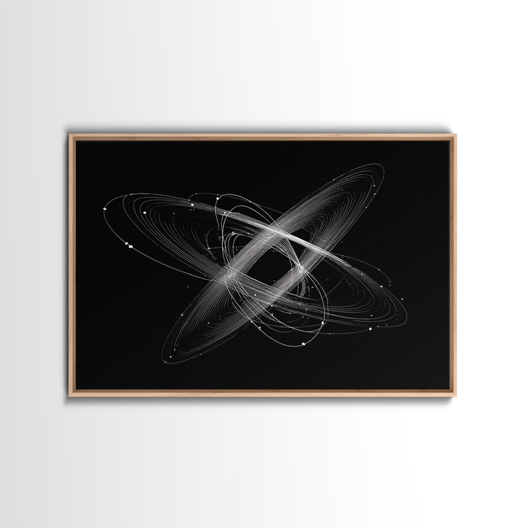 Tilted White Orbital Atom Wall Art, Minimalist Space Abstract Art Print, Modern Geometric Poster, Black Sci Fi Office Decor