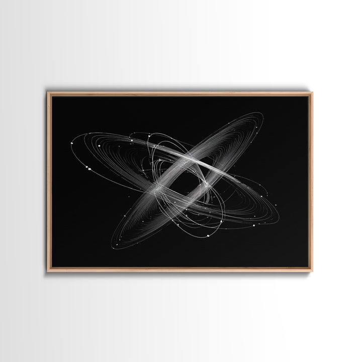 Tilted White Orbital Atom Wall Art, Minimalist Space Abstract Art Print, Modern Geometric Poster, Black Sci Fi Office Decor
