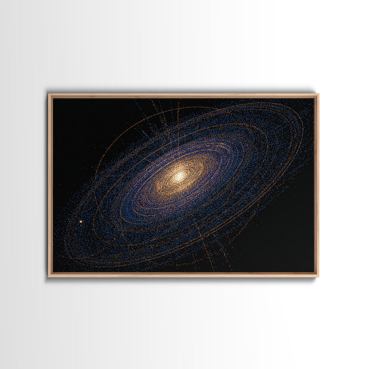 Blue Orange Spiral Galaxy Framed Canvas Print, Cosmic Space Abstract Art, Modern Wall Art, Digital Science Poster, Office Decor