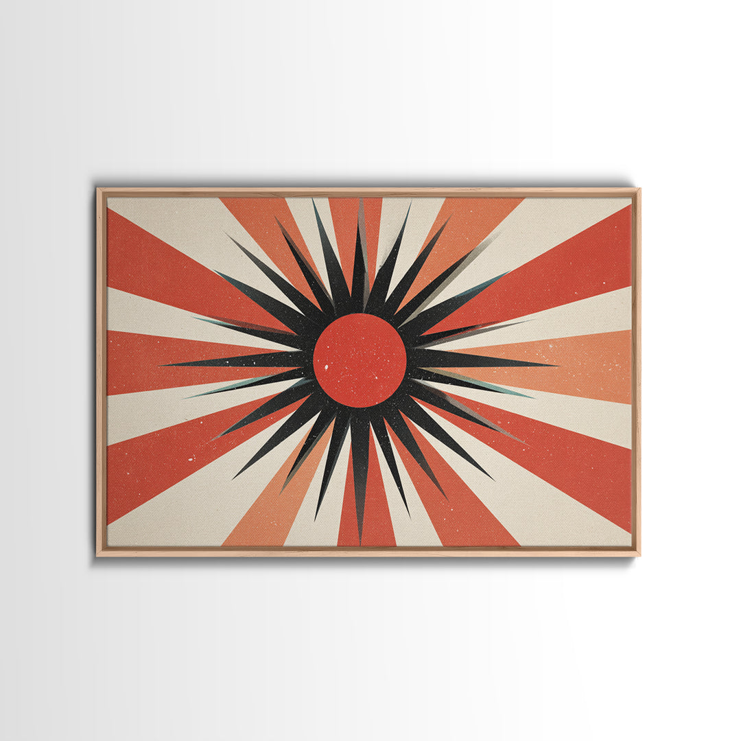 Red Black Retro Sunburst Wall Art, Midcentury Atomic Art Print, Orange Cream Geometric Poster, 60s Modern Living Room Wall Decor