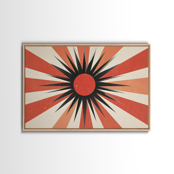 Red Black Retro Sunburst Wall Art, Midcentury Atomic Art Print, Orange Cream Geometric Poster, 60s Modern Living Room Wall Decor