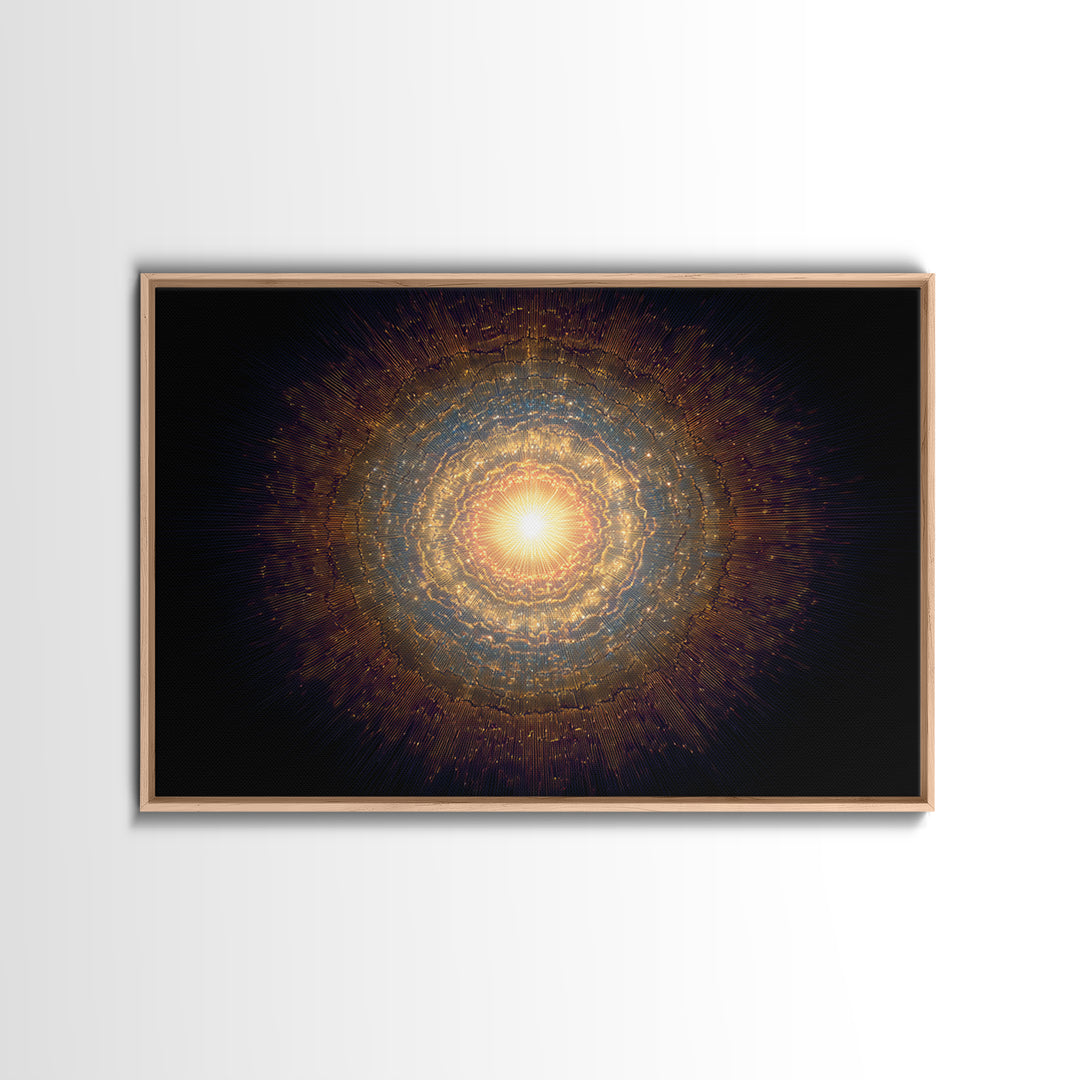 Golden Cosmic Mandala Framed Canvas Print, Abstract Spiritual Art, Modern Wall Art, Radiant Space Poster, Meditation Decor