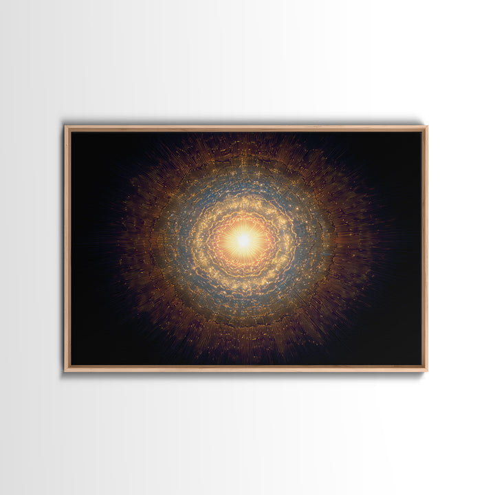 Golden Cosmic Mandala Framed Canvas Print, Abstract Spiritual Art, Modern Wall Art, Radiant Space Poster, Meditation Decor