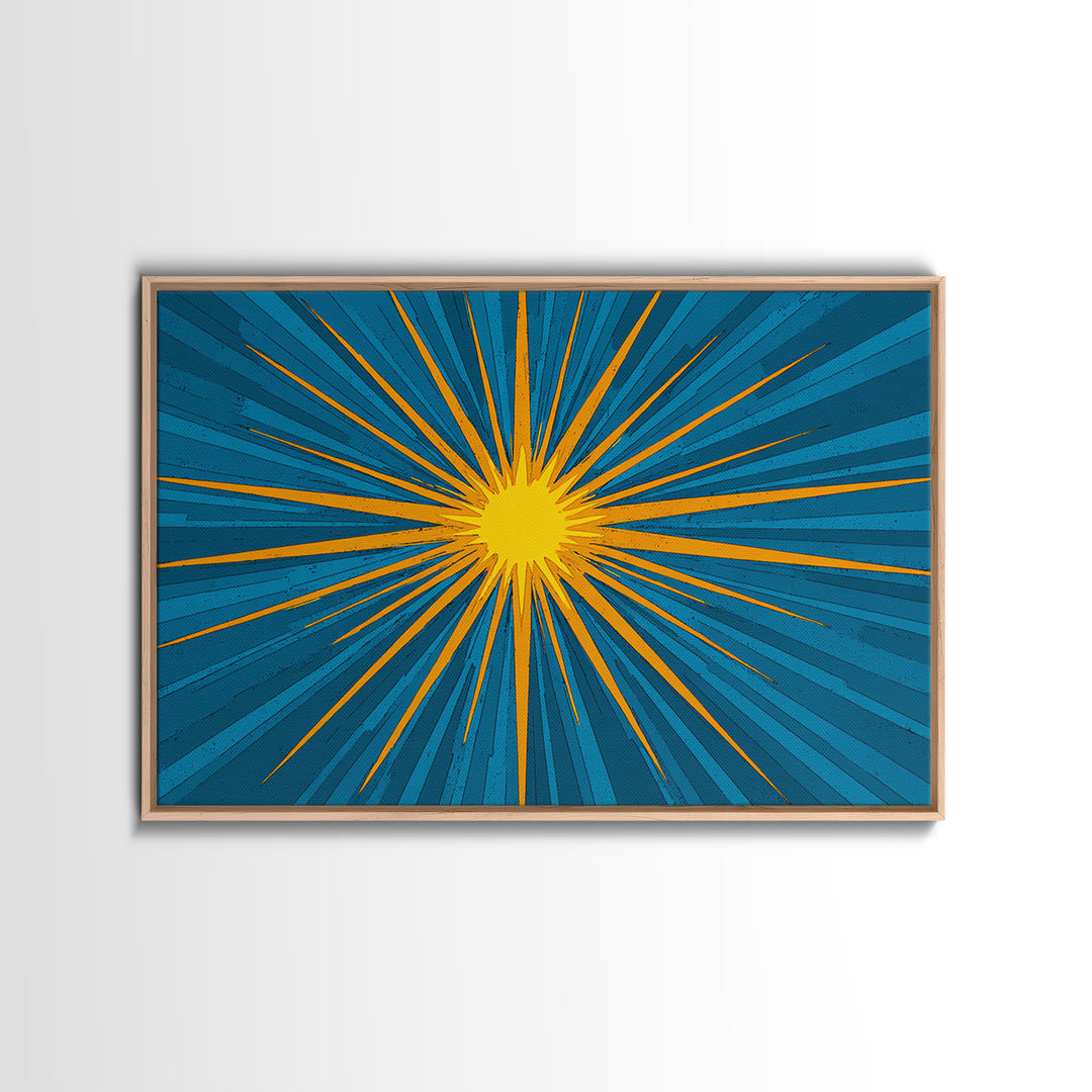 Blue Yellow Pop Art Sunburst Wall Art, Midcentury Modern Decor, Retro Geometric Print, Atomic MCM Living Room Decor Gift