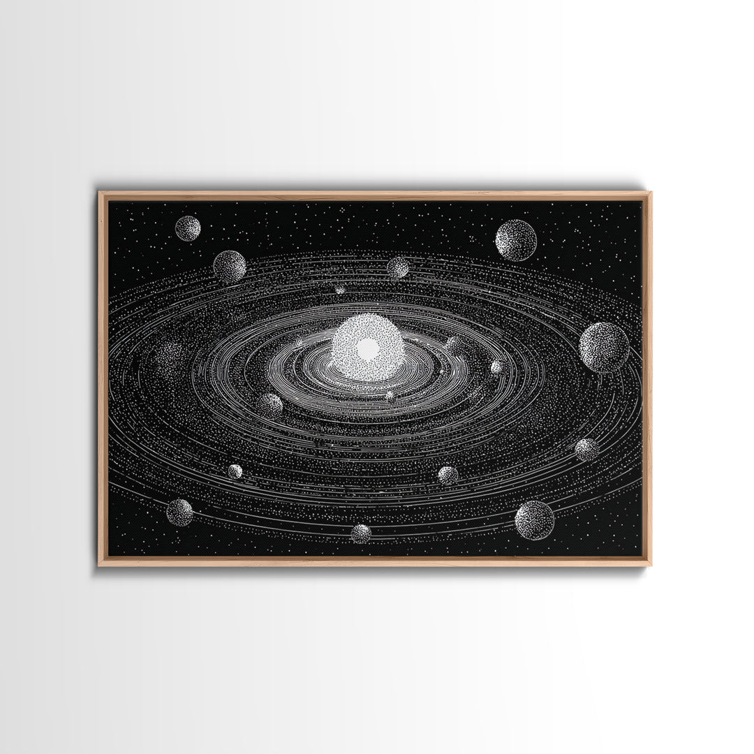 Black White Solar System Framed Canvas Print, Retro Sci Fi Wall Art, Midcentury Space Poster, Astronomy Office Decor Gift