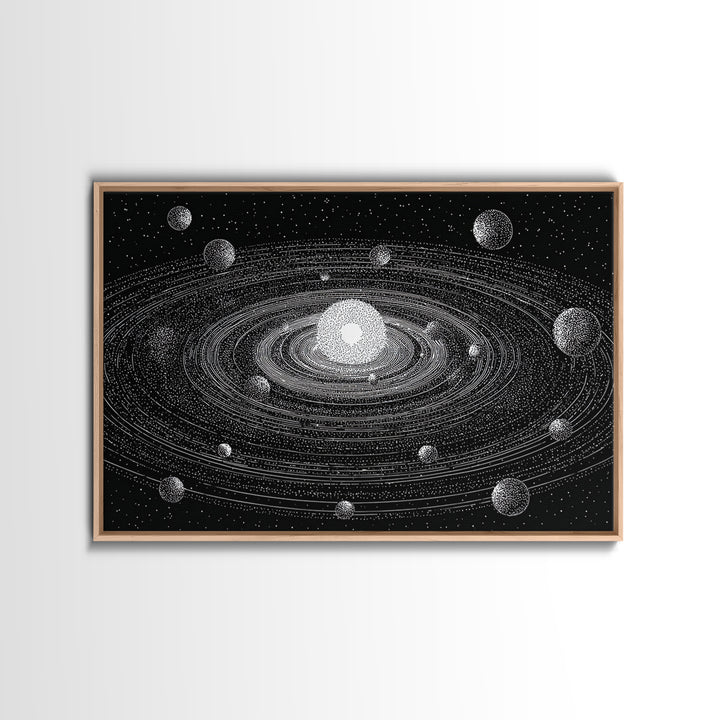 Black White Solar System Framed Canvas Print, Retro Sci Fi Wall Art, Midcentury Space Poster, Astronomy Office Decor Gift