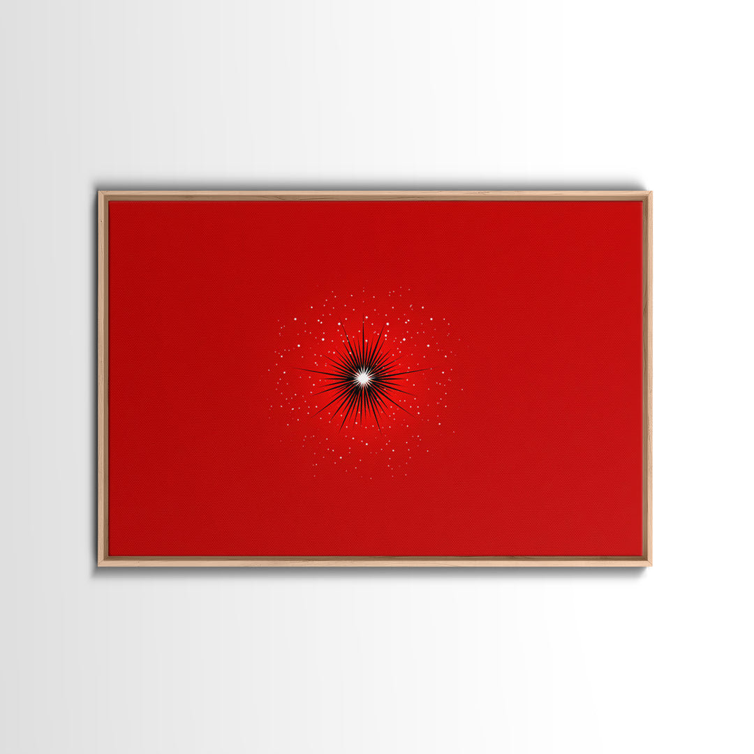 Minimal Red Starburst Wall Art, Modern Abstract Art Print, Retro Space Poster, Black White Spark Decor, Bold MCM Home Decor Gift