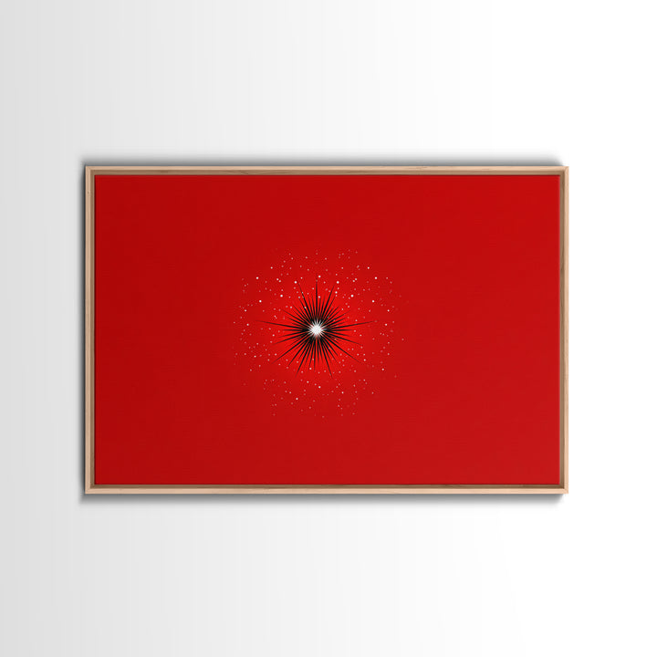 Minimal Red Starburst Wall Art, Modern Abstract Art Print, Retro Space Poster, Black White Spark Decor, Bold MCM Home Decor Gift