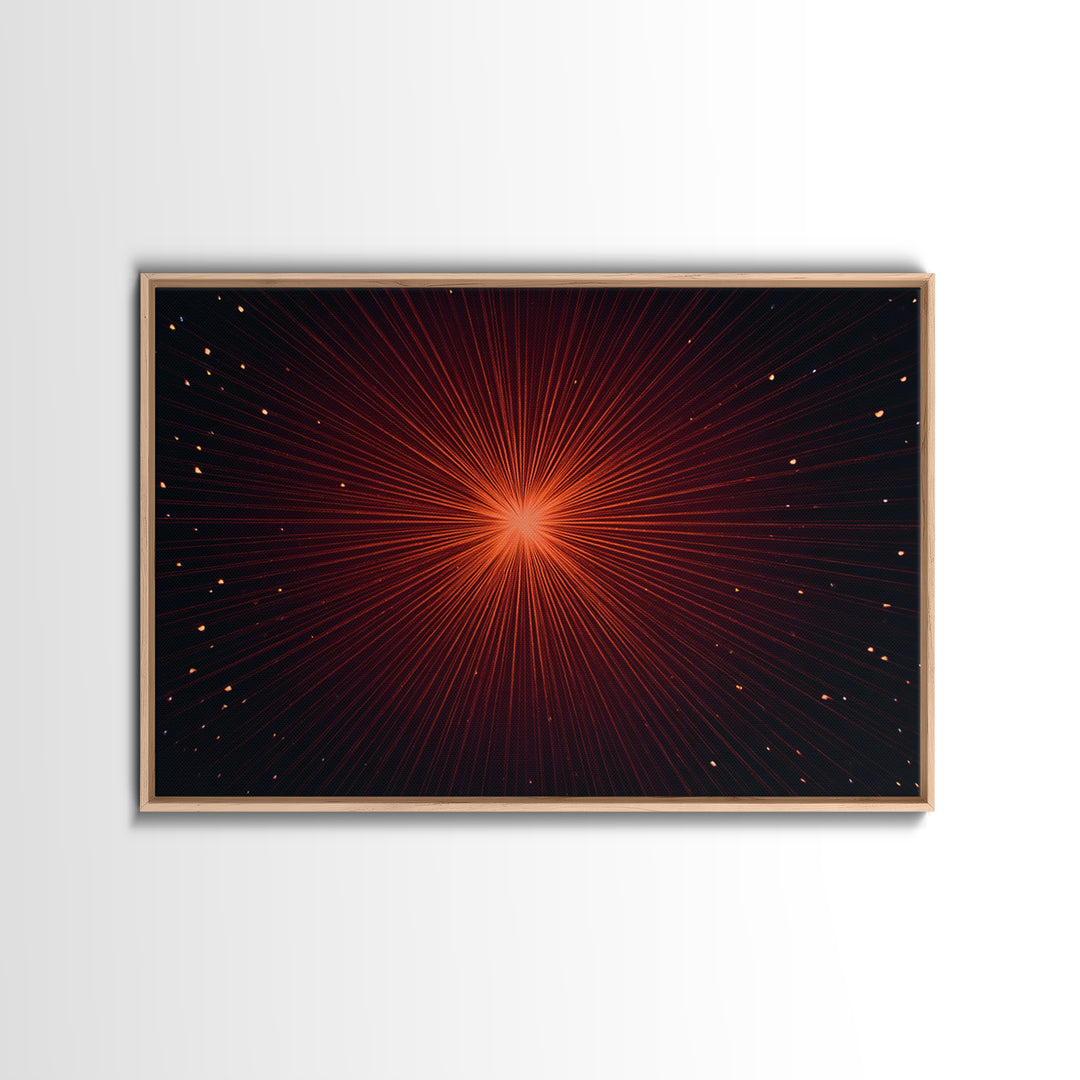 Radiant Red Starburst Light Rays In Black Space Canvas Print, Retro Futuristic Wall Decor, Modern Abstract Art For Living Room