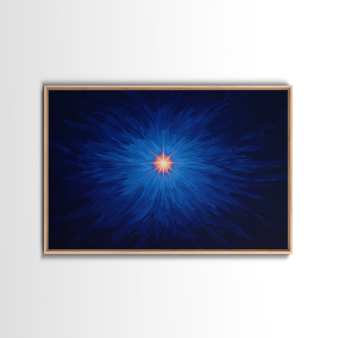 Electric Blue Cosmic Burst With Orange Star Center Canvas Print, Modern Abstract Art, Space Wall Decor For Bedroom And Office