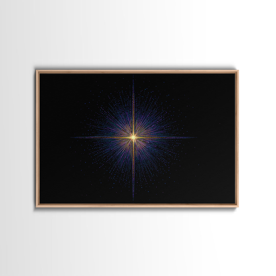 Neon Dotted Starburst On Black Space Wall Art, Retro Futuristic Digital Art Print, Modern Geometric Decor For Office And Studio