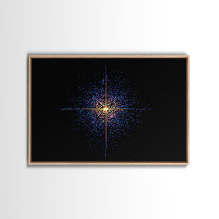 Neon Dotted Starburst On Black Space Wall Art, Retro Futuristic Digital Art Print, Modern Geometric Decor For Office And Studio