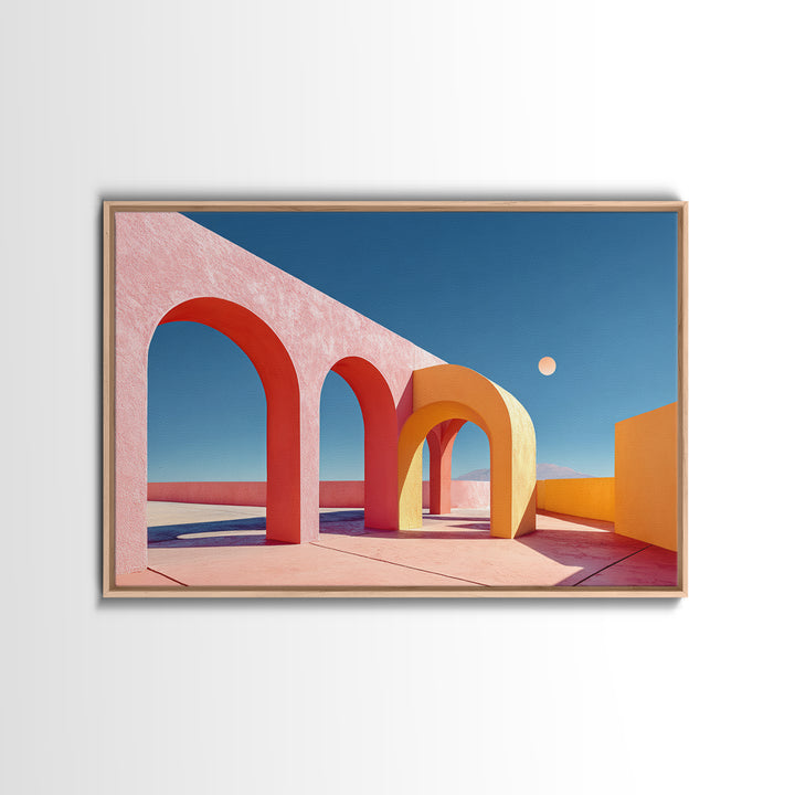 Pink Desert Arches With Orange Moon Framed Canvas Print, Midcentury Modern Wall Art, Architectural Decor For Living Room