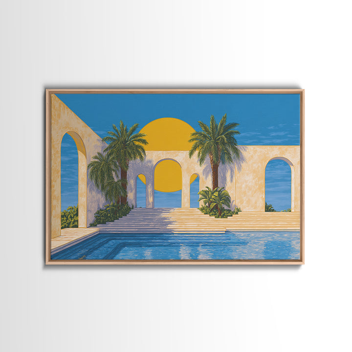 Tropical Palm Pool With Sunlit Arches Canvas Print, Palm Springs Wall Art, Midcentury Modern Decor For Beach House Patio