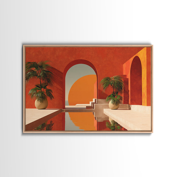 Terracotta Courtyard With Palms And Reflecting Pool Canvas Print, Modern Wall Art, Southwestern Decor For Living Room And Entry