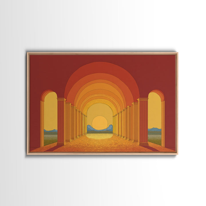 Sunset Arcade Colonnade In Orange Desert Wall Art, Midcentury Modern Architectural Print, Retro Home Decor For Hallway And Entryway
