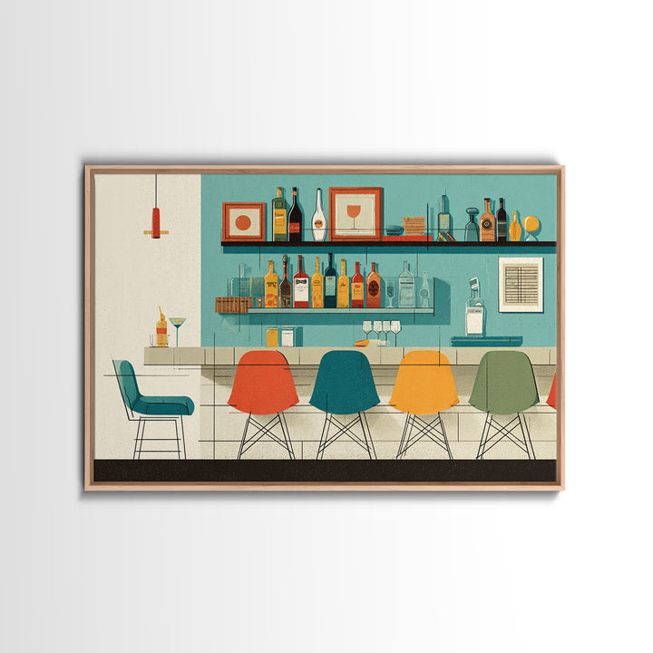 Minimal Cocktail Lounge With Color Chairs Wall Art, Midcentury Modern Art Print, Retro Bar Poster, MCM Kitchen Decor, Cafe Wall Art