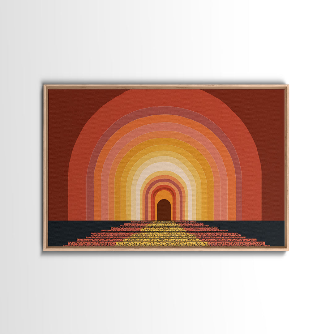 Rainbow Tunnel Arches With Stairway To Light Framed Canvas Print, Retro Wall Art, 70s Geometric Decor For Living Room And Office