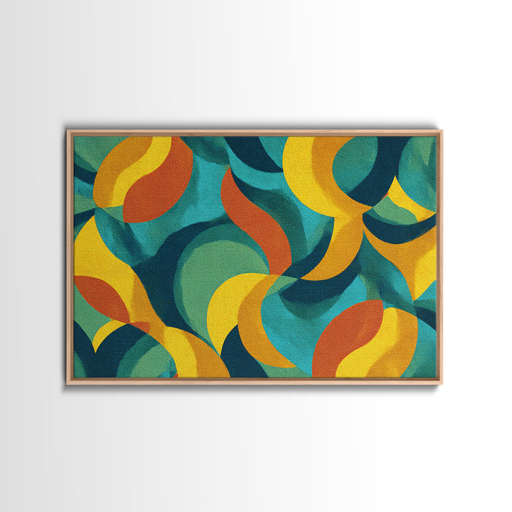 Teal Yellow Rust Crescent Shapes Framed Canvas Print, Midcentury Modern Art, Retro Geometric Wall Decor, Colorful Home Poster