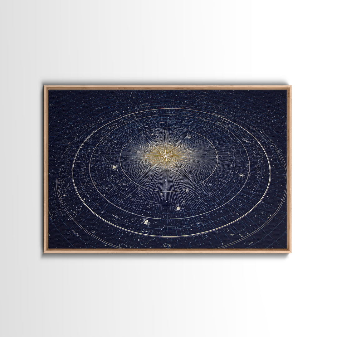 Navy Gold Celestial Compass Framed Canvas Print, Star Map Wall Art, Modern Cosmic Decor, Astronomy Home Office Poster Gift