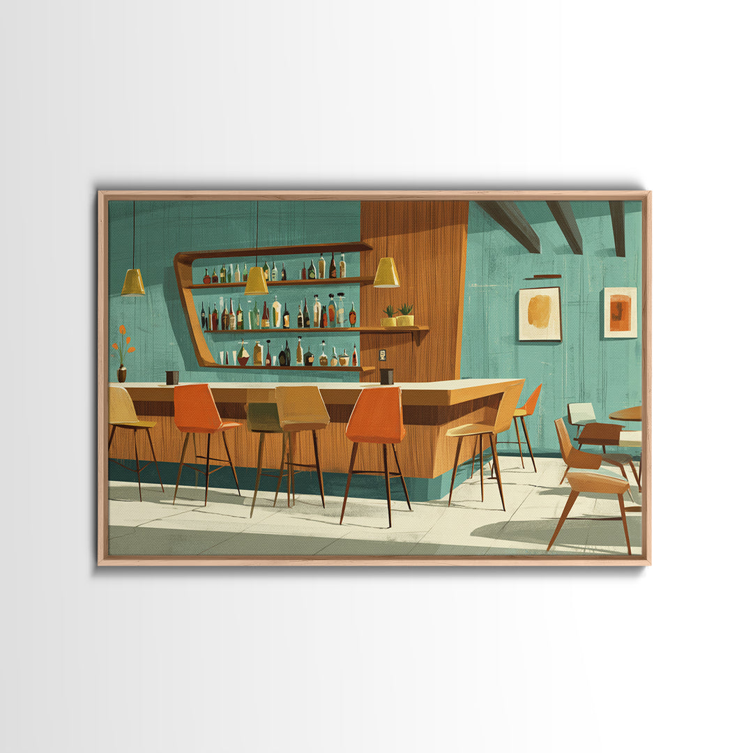 Wood And Teal Modernist Lounge Bar Wall Art, Midcentury Modern Canvas Print, Retro Cocktail Poster, Scandinavian Decor, MCM Decor