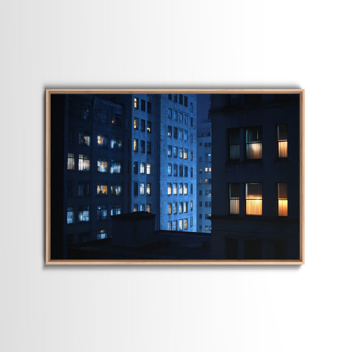 Blue City Apartment Windows Wall Art, Urban Night Photography Print, Modern Wall Decor, Bedroom Art, Home Office Decor, Blue Art