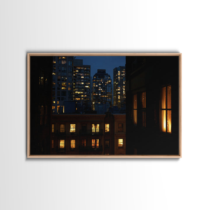 Warm Lit City Windows Wall Art, Urban Night Photography Print, Modern Home Decor, Apartment Decor, Living Room Art, Blue Art