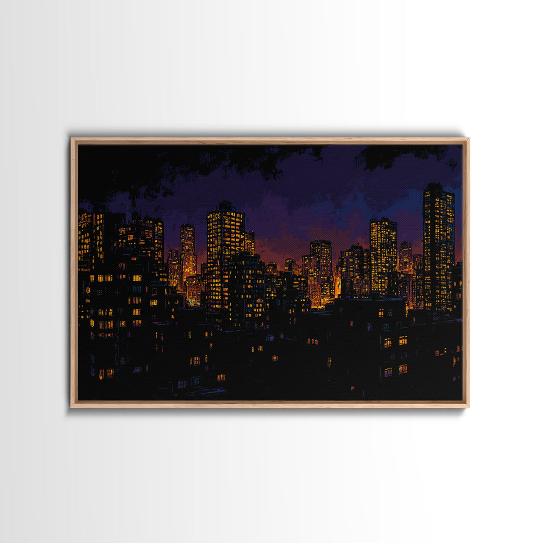 Purple City Skyline At Dusk Canvas Print, Urban Night Poster, Modern Wall Art, Retro Decor, Living Room Decor, Blue Art, Wall Decor