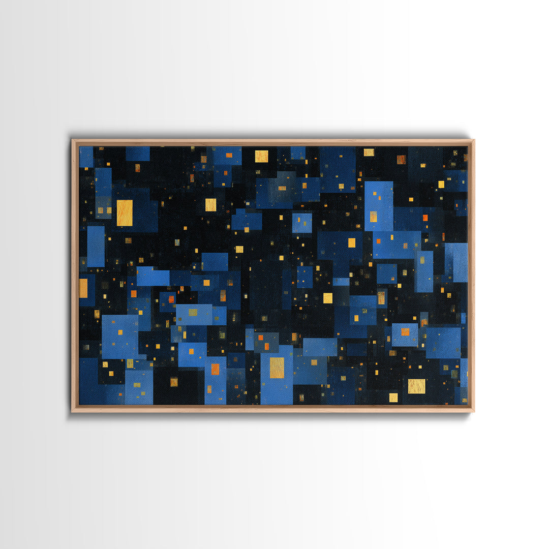 Abstract Blue City Blocks Wall Art, Geometric Night Skyline Print, Modern Abstract Art, MCM Wall Art, Office Decor, Blue Art