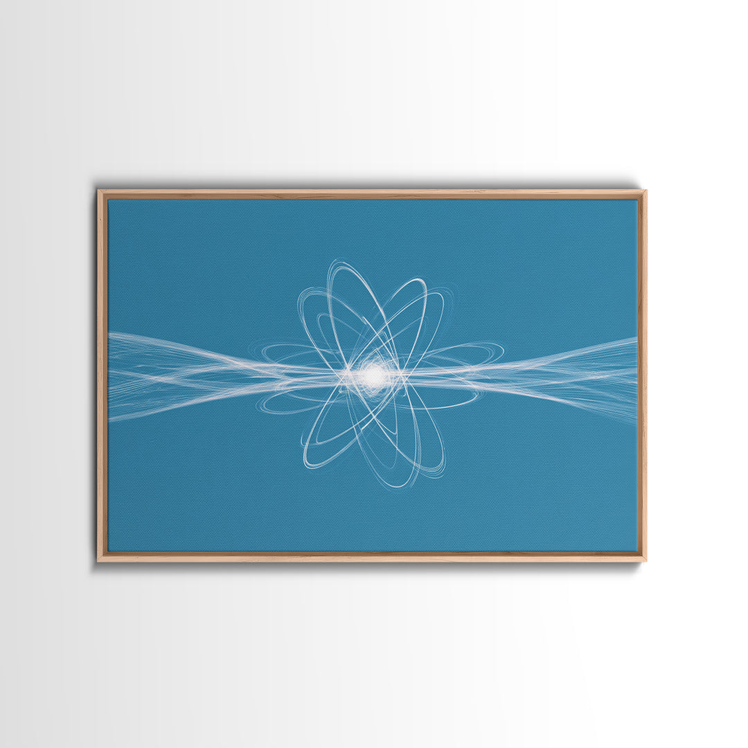 White Atom Energy Lines Canvas Print, Blue Scientific Abstract Art, Modern Wall Decor, Office Decor, Minimalist Art Print