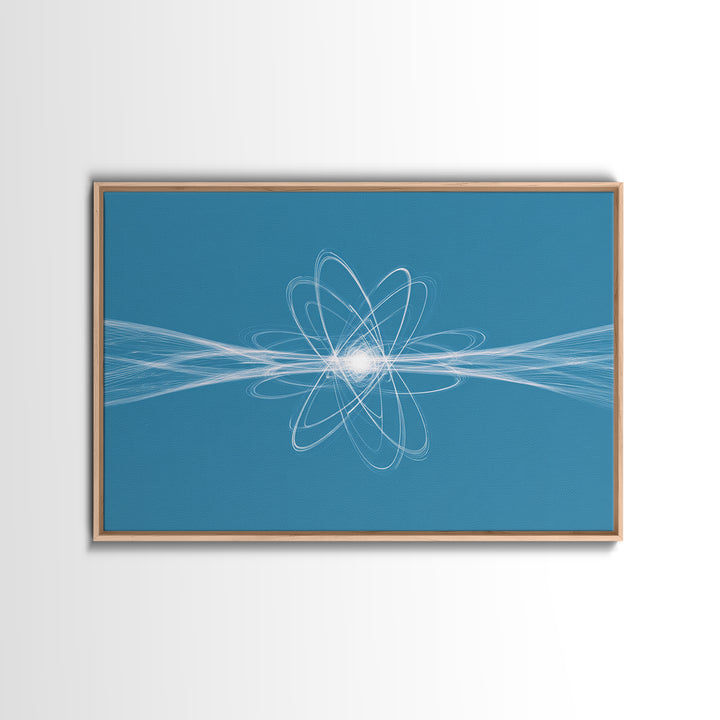 White Atom Energy Lines Canvas Print, Blue Scientific Abstract Art, Modern Wall Decor, Office Decor, Minimalist Art Print