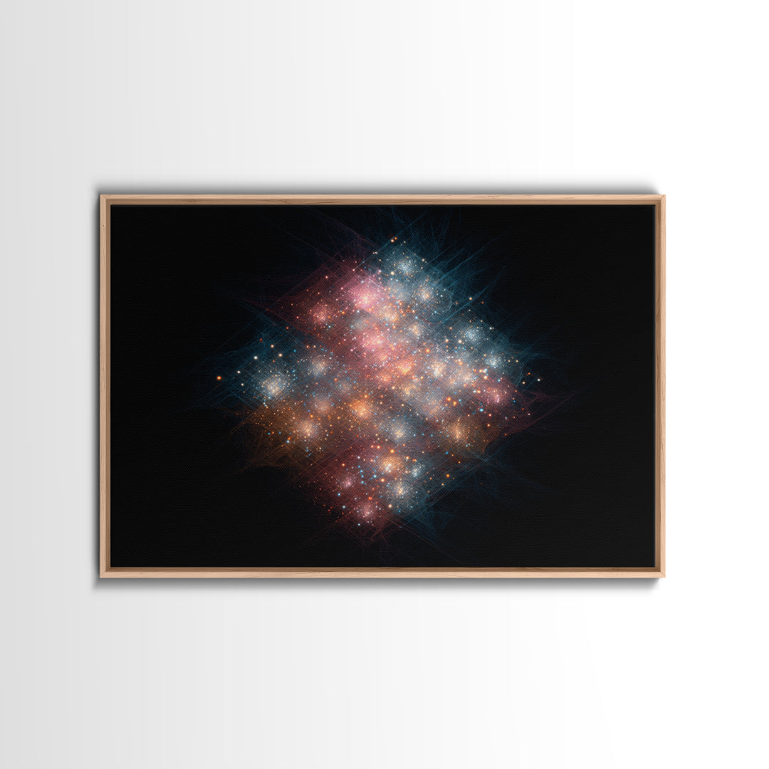 Glowing Cosmic Nebula Particle Cluster Framed Canvas Print, Space Abstract Art, Modern Wall Art, Galaxy Decor, Statement Piece