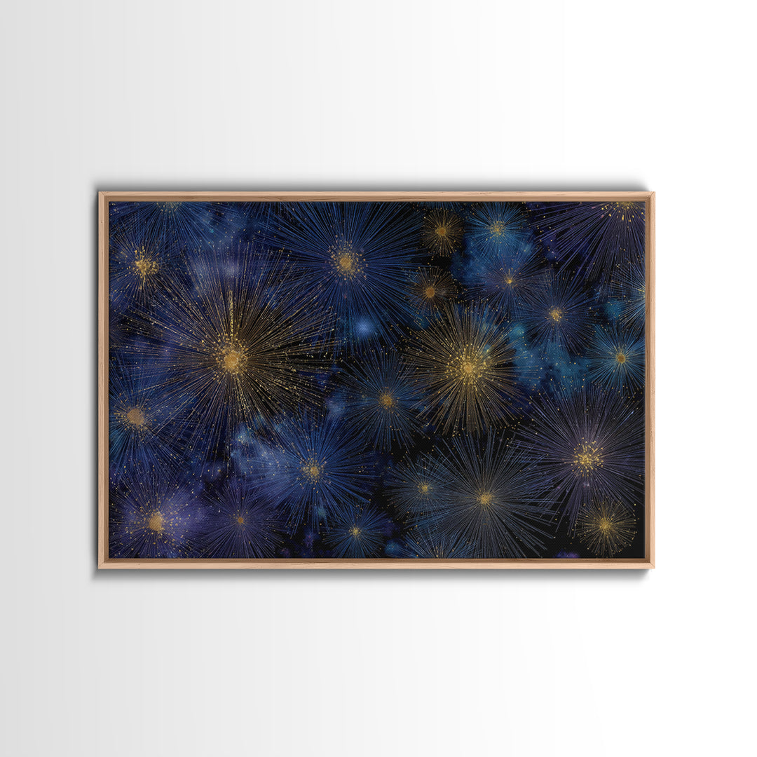Blue Gold Cosmic Starburst Fireworks Canvas Print, Modern Abstract Art, Space Wall Art, Dark Navy Office Decor, Giclee Print