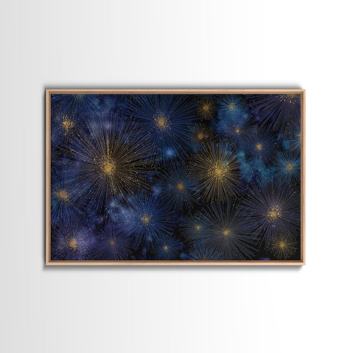 Blue Gold Cosmic Starburst Fireworks Canvas Print, Modern Abstract Art, Space Wall Art, Dark Navy Office Decor, Giclee Print