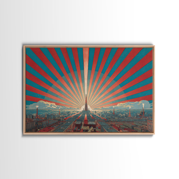 Retro City Skyline Sunburst Wall Art, Art Deco Poster, Midcentury Modern Wall Decor, Teal Red Architectural Print, Living Room Decor