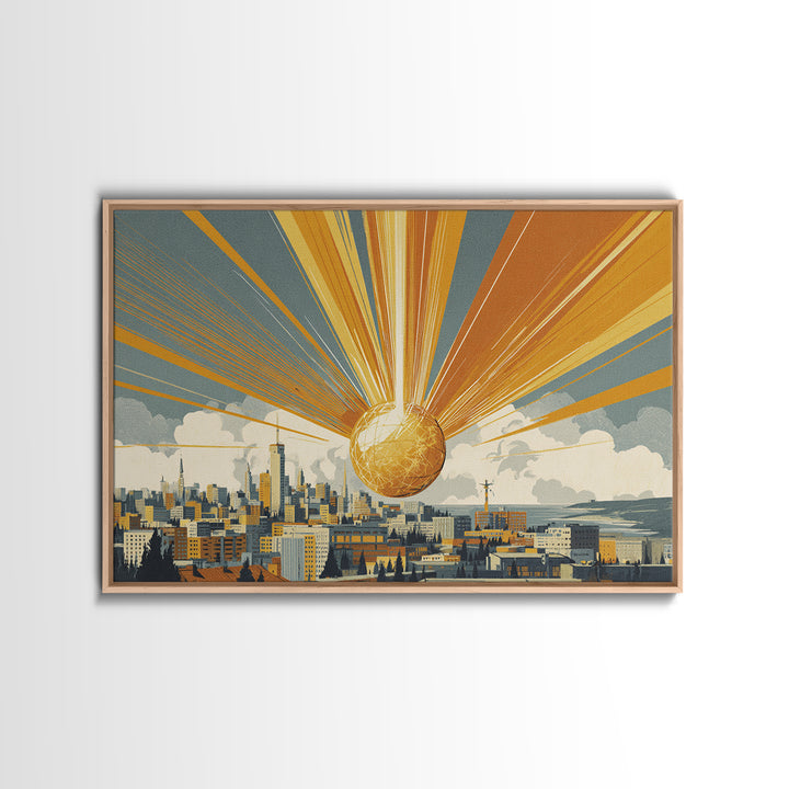 Golden Sphere Over Retro City Skyline Framed Canvas Print, Sunburst Wall Art, Midcentury Modern Decor, Futuristic Poster