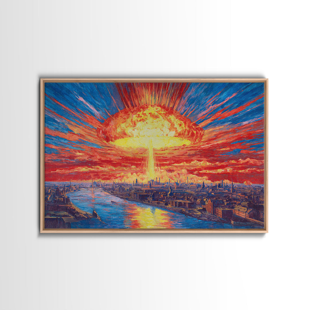 Apocalyptic Sunburst City Skyline Over River Wall Art, Sci Fi Retro Poster, Dramatic Modern Art Print For Living Room Decor