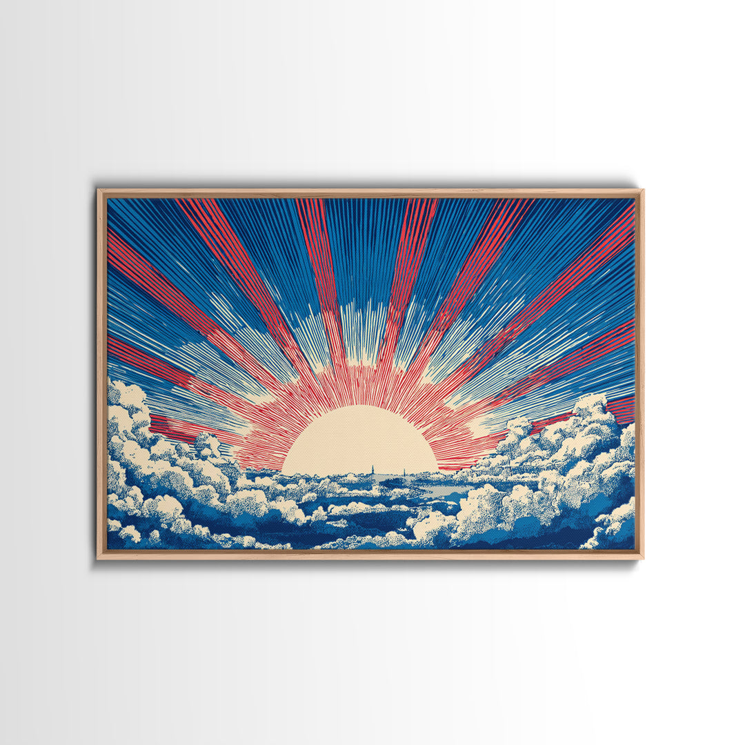 Radiant Sun Above Cloud Sea Canvas Print, Midcentury Modern Art, Retro Sun Poster, Blue Red Rays For Bedroom Wall Decor Prints