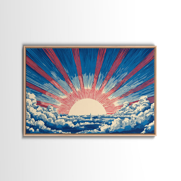 Radiant Sun Above Cloud Sea Canvas Print, Midcentury Modern Art, Retro Sun Poster, Blue Red Rays For Bedroom Wall Decor Prints