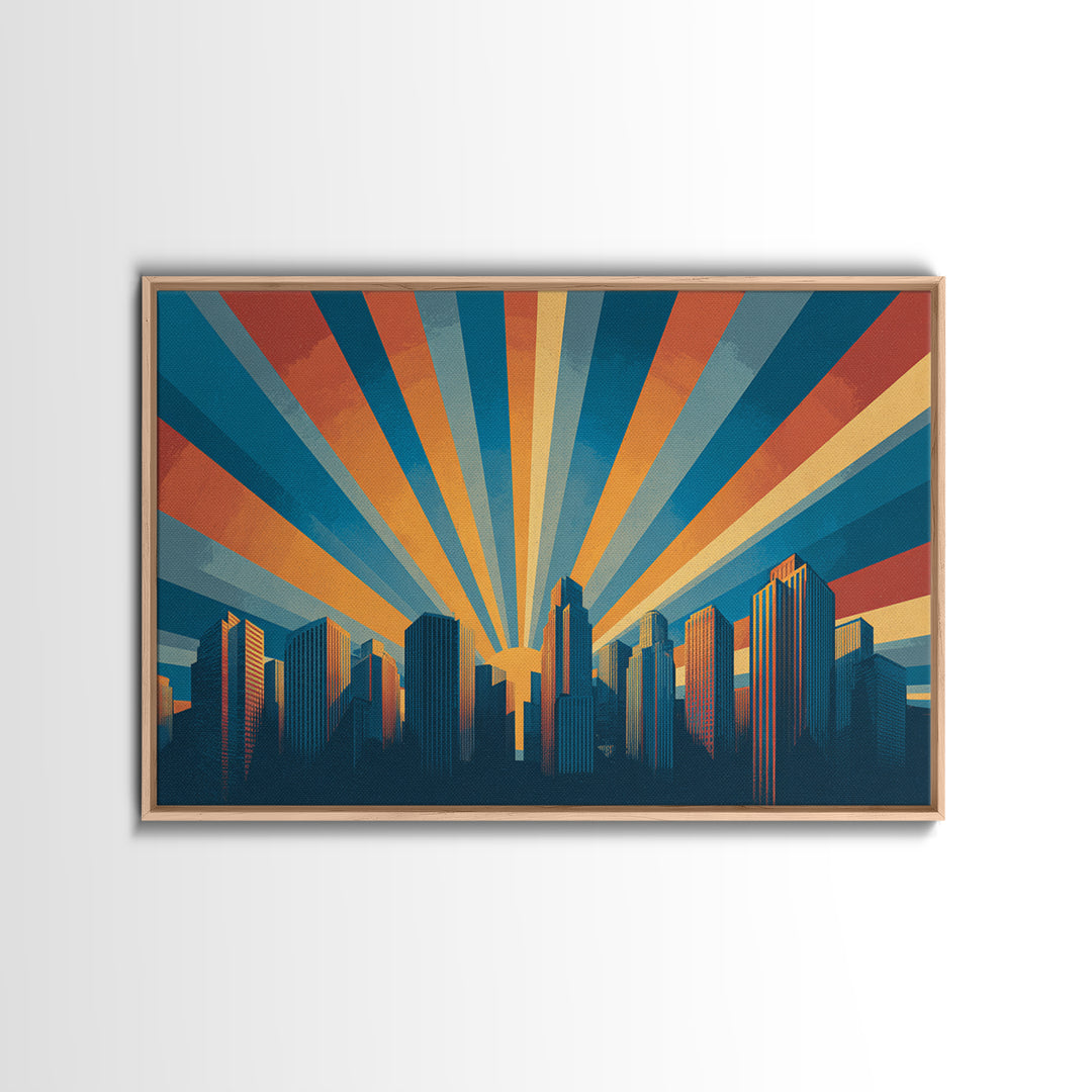 Retro City Skyline Sunrise Rays Wall Art, Midcentury Modern Poster, Urban Modern Art Print For Office And Living Room Decor