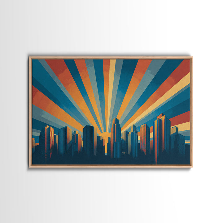 Retro City Skyline Sunrise Rays Wall Art, Midcentury Modern Poster, Urban Modern Art Print For Office And Living Room Decor