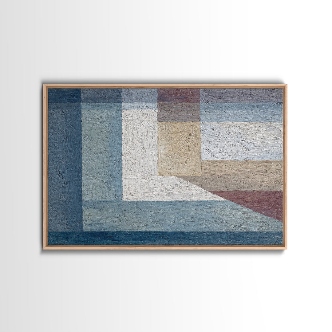 Muted Blue Beige Geometric Blocks Framed Canvas Print, Minimalist Modern Abstract Art, Neutral Wall Decor For Living Room
