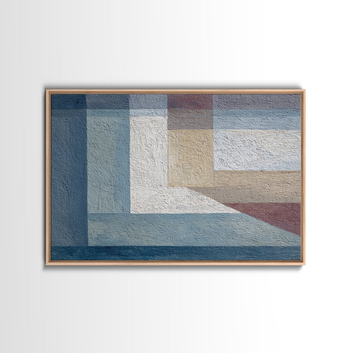 Muted Blue Beige Geometric Blocks Framed Canvas Print, Minimalist Modern Abstract Art, Neutral Wall Decor For Living Room