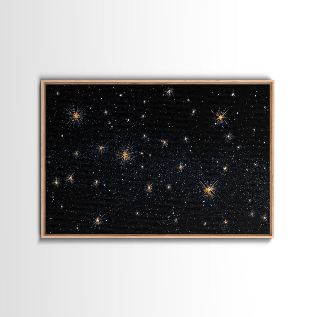 Black Night Sky With Golden Starbursts Wall Art, Cosmic Retro Art Print, Space Abstract Art, Modern Wall Decor, Bedroom Art Prints