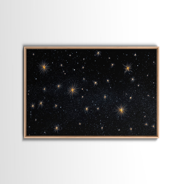 Black Night Sky With Golden Starbursts Wall Art, Cosmic Retro Art Print, Space Abstract Art, Modern Wall Decor, Bedroom Art Prints