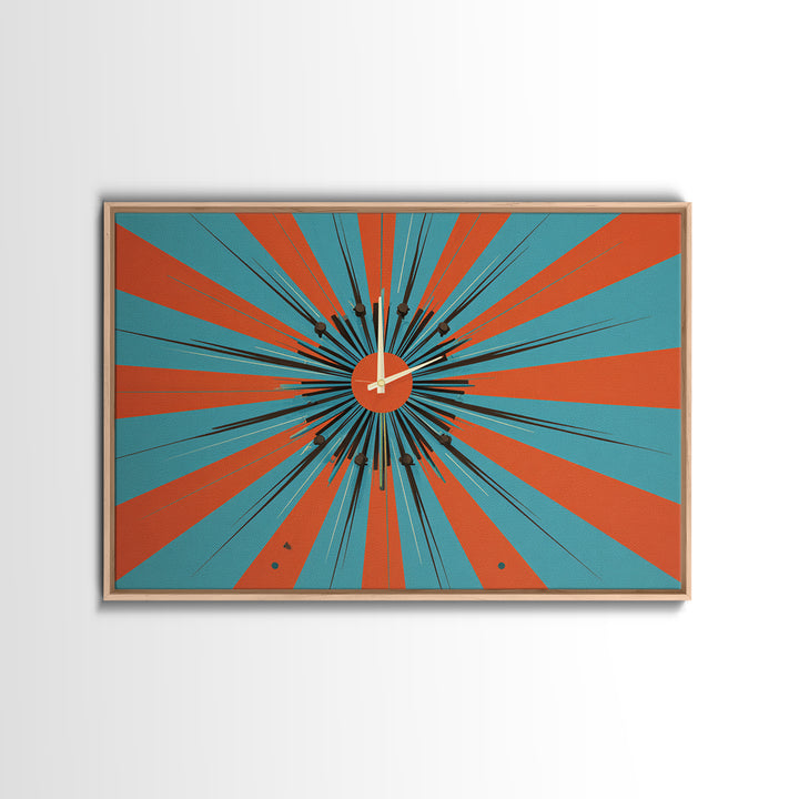 Orange Teal Atomic Starburst Framed Canvas Print, Midcentury Modern Wall Art, Retro Geometric Poster, MCM Decor, Living Room Art