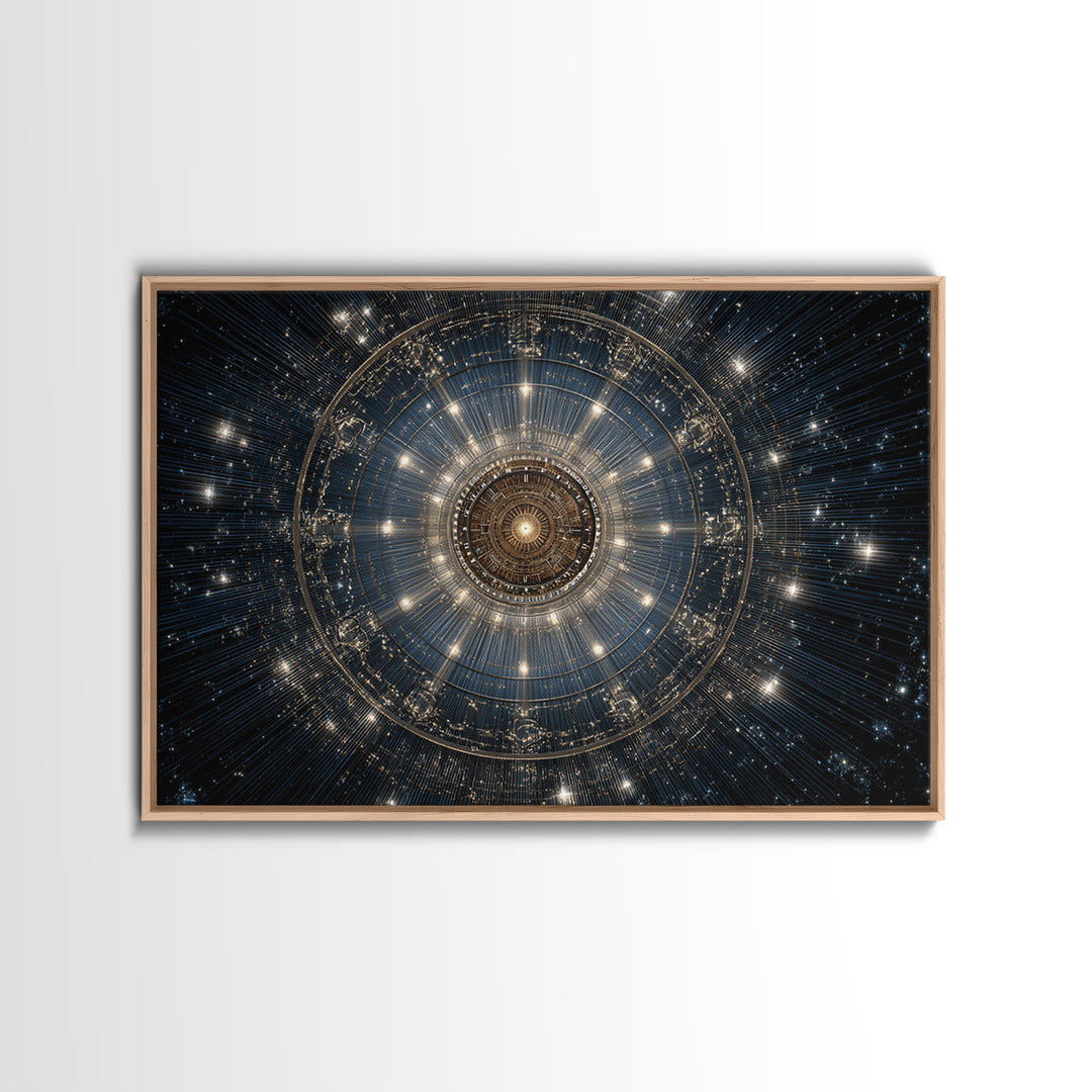 Golden Celestial Mechanical Mandala Wall Art, Cosmic Geometric Art Print, Modern Abstract Space Decor, Statement Poster Gift