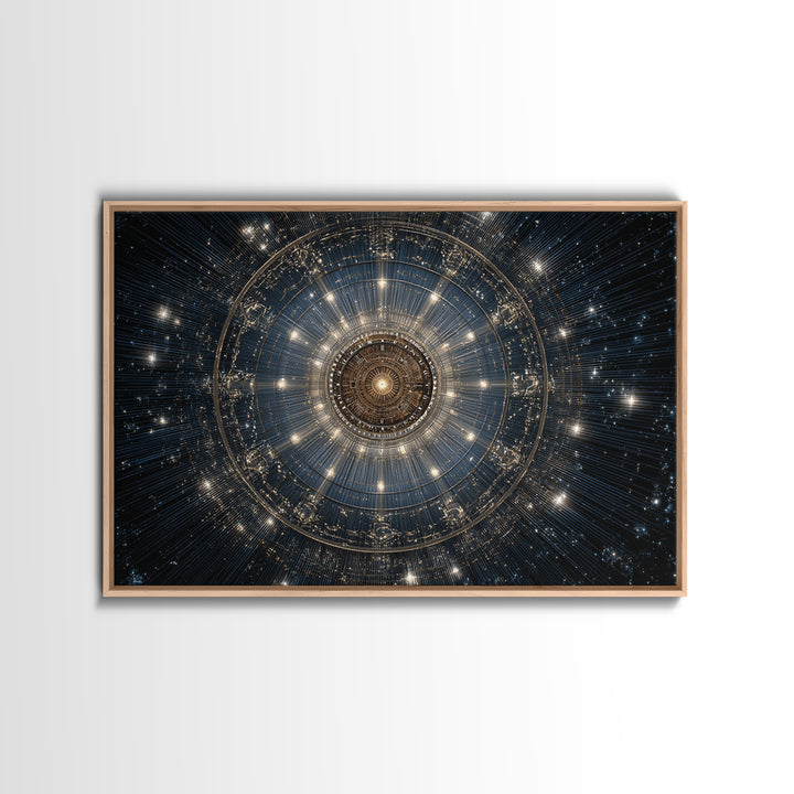 Golden Celestial Mechanical Mandala Wall Art, Cosmic Geometric Art Print, Modern Abstract Space Decor, Statement Poster Gift